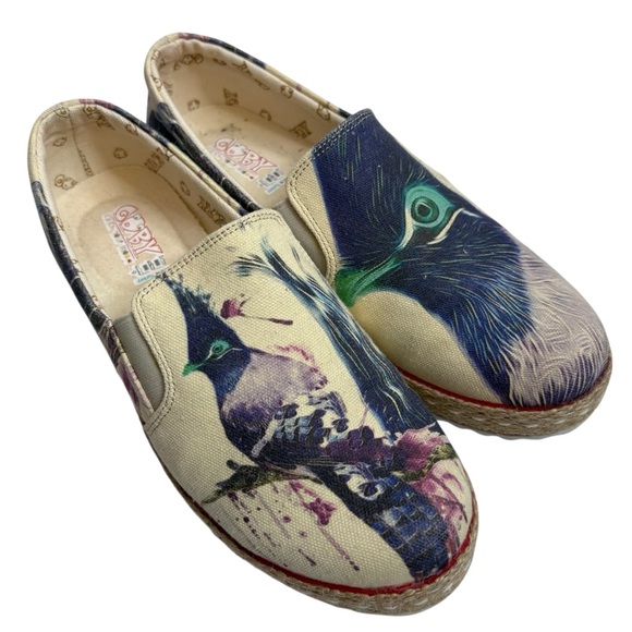 Goby Shoes - GOBY Peacock Bird-Print Slip-On Espadrilles in Multi Color $185
